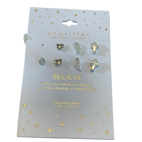 NWT Unwritten fine silver plated cubic zirconia earrings set - Picture 1 of 3